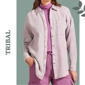 Tribal Casual Long Sleeve Button Down Collared Shirt Textured Waffle Grape XS